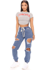 Rock With It Destroyed Denim Joggers - Medium Blue Wash Ins Street